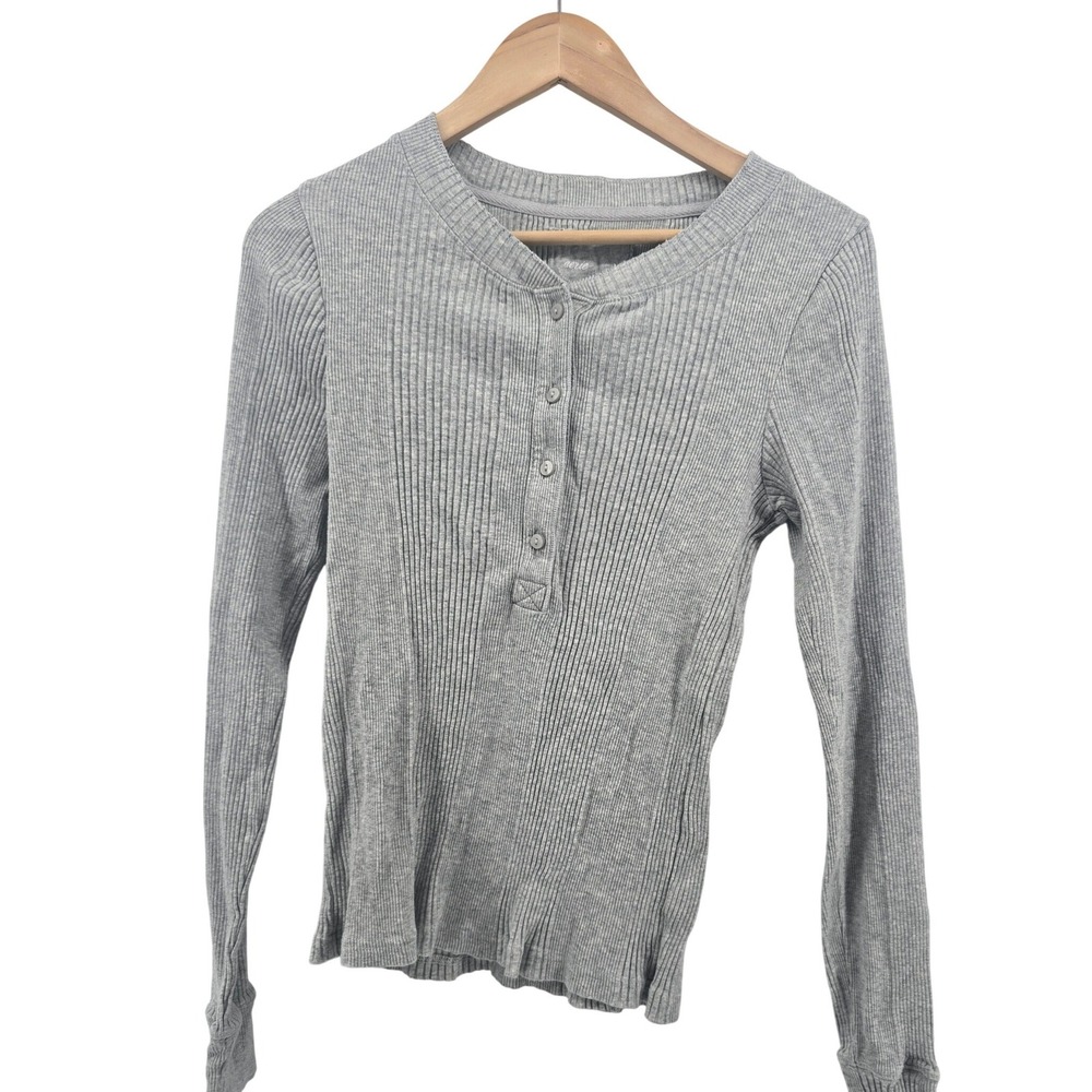 Aerie Womens Shirt Henley Top Long Sleeve Ribbed Gray L